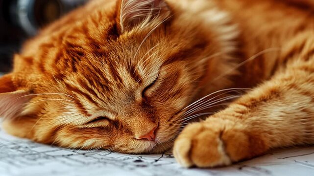 A cat is sleeping on a map. The cat is orange and has a fluffy tail. The map is white and has a few lines on it
