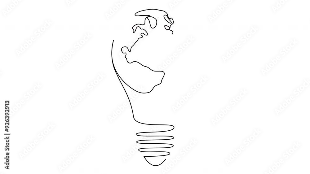 Wall mural self drawing animation of continuous one line art of light bulb with earth globe inside. hand drawn 