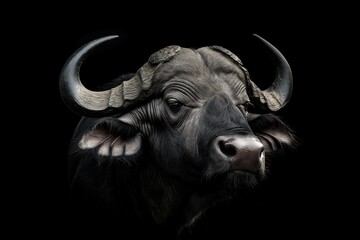 Naklejka premium Photo of a buffalo isolated against a black background, emphasising the buffalo's majestic features. Wildlife and conservation concept, space for copy.