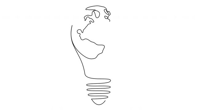 Self drawing animation of continuous one line art of light bulb with Earth globe inside. Hand drawn animated single line. 4K with alpha channel.