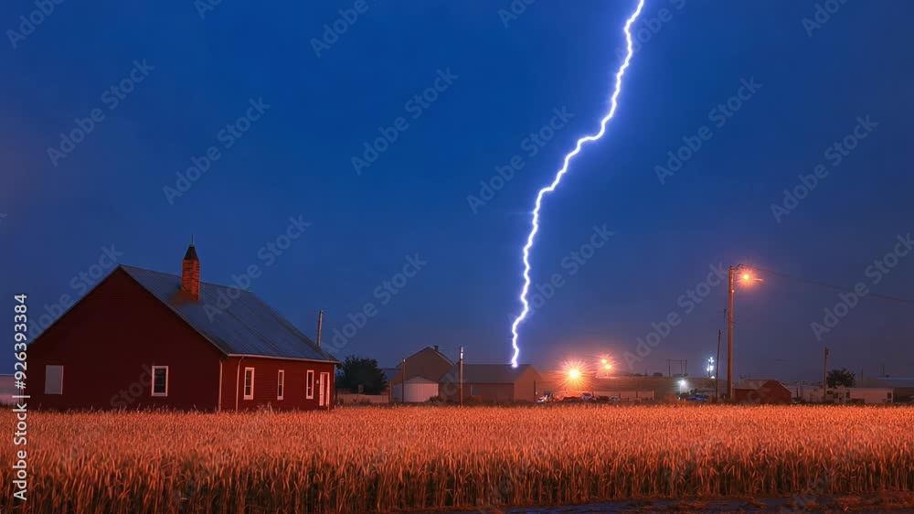 Canvas Prints a red house is in the middle of a field with a lightning bolt in the sky. scene is ominous and drama