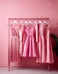 pink trendy closet, bright Fashion clothes on pink wall background. Many pink dresses hanging on the rail ready for shopping
