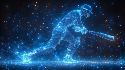 Fototapeta premium Digital blue low poly cricket player with glowing data streams AI in sports analytics, player performance tracking systems, match prediction algorithms, and training programs. wireframe player design