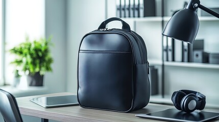 Elevate Your Workspace: Sleek Black Backpack with Tech Gadgets & Modern Desk Setup Perfect for a Minimalist Office D&eacute;cor Poster