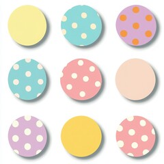 Naklejka premium Colorful polka dot patterns arranged in a grid, perfect for design projects, crafts, and playful themes.