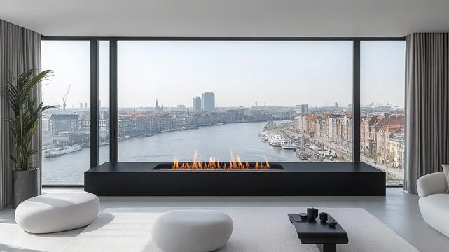 A large window overlooks a city with a river running through it. The room is decorated with white furniture and a fireplace
