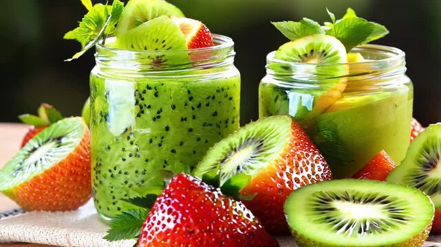 A glass of green juice with kiwi slices and strawberries. The juice is green and has a minty flavor