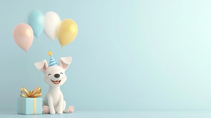 3D happy birthday dog, simple shapes 3D character illustration in the style, 3D, 8k resolution