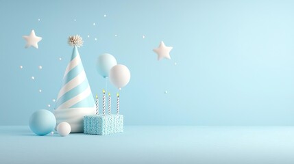 3D Birthday party caps, blowers and candles on blue background, simple shapes 3D character illustration in the style, 3D, 8k resolution