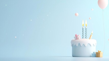 Birthday cake with candles and balloons on a blue background.