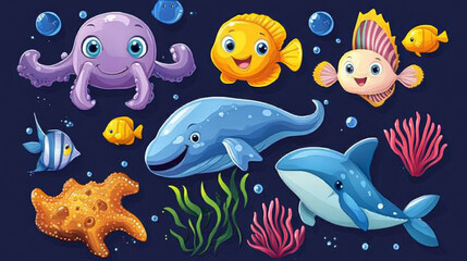 Obraz premium Cute and playful sea creatures in cartoon style. 