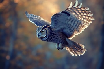 Elegant owl in mid-flight showcasing its wings against a blurred forest background during the golden hour