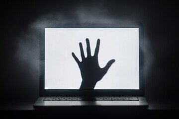 A hand reaching out from a laptop screen, symbolizing the invasive and harmful nature of cyberbullying, with the victim's silhouette in the foreground