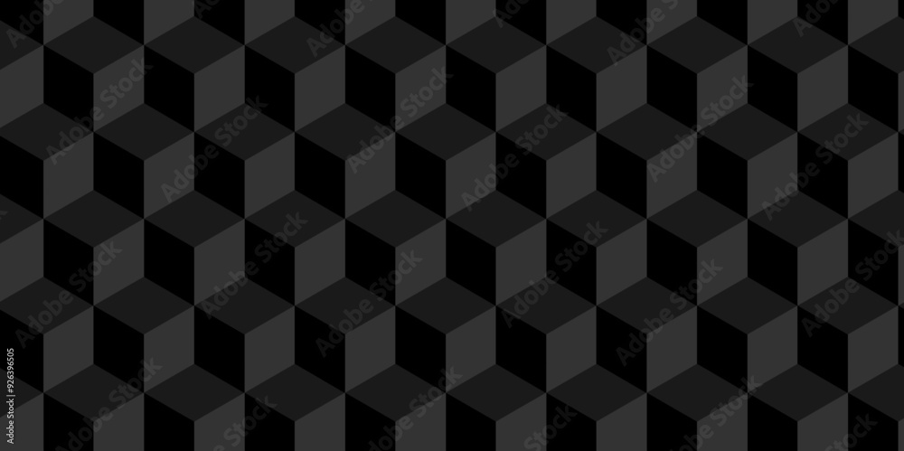 Wall mural Minimal vector cubes geometric tile and mosaic wall grid backdrop digital hexagon technology wallpaper background. dark black block cube structure backdrop grid triangle texture vintage design.