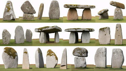 Graphical collection of dolmens and megaliths isolated on white background