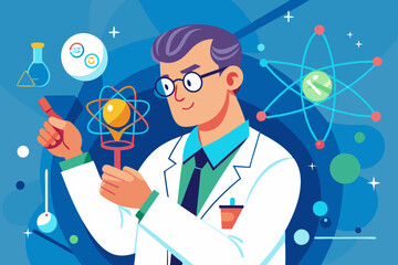 Science. A scientist man in glasses and a lab coat examines atoms or neurons. A scientific discovery in the field of physics or chemistry. Vector illustration
