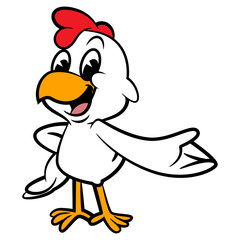 Cute Broiler Chicken cartoon characters greeting and say welcome. Best for sticker, decoration, logo, and mascot for fast food restaurant with fried chicken meal for kids