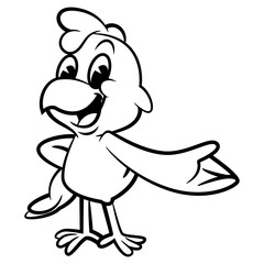 Cute Broiler Chicken cartoon characters greeting and say welcome. Best for outline, coloring book, logo, and mascot for fast food restaurant with fried chicken meal for kids