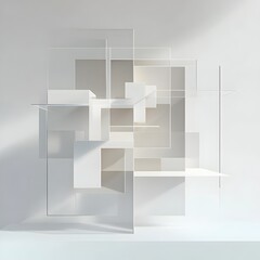 Interlocking Transparent Geometric Shapes in Balanced Minimalist 3D Rendered Composition