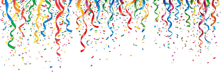 Obraz premium Colorful confetti and Baloon ribbons falling on white background Ribbons Festive Celebration Concept 