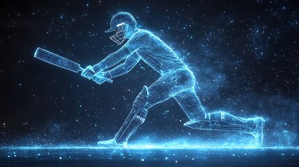 Digital blue low poly cricket player with glowing data streams AI in sports analytics, player performance tracking systems, match prediction algorithms, and training programs. wireframe player design