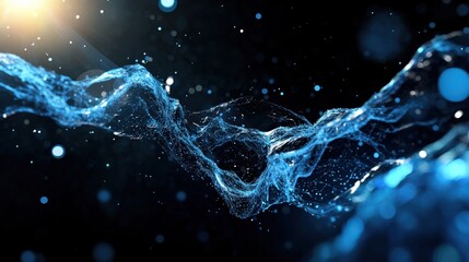 A flowing blue digital stream with particles and light flares, creating a dynamic background.