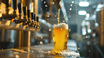  A glass of beer with foam on a bar counter being filled from a tap in a pub or bar atmosphere. Beer droplets are splashing around