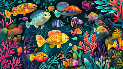 Fototapeta premium Dive into a vibrant underwater realm teeming with colorful fish, quirky creatures, and swaying plants. --ar 16:9 --v 6.1 Job ID: 3be7e1ac-5a3e-4f36-857c-22c4c915f1f3