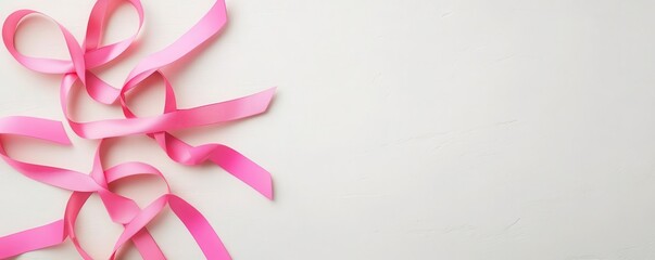 Fototapeta premium Several pink ribbons, symbolizing breast cancer awareness, arranged on a light background, representing support, solidarity, and the fight against cancer. 