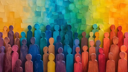 An organic pattern formed by a colorful wooden sculpture of people standing in rows, symmetrically arranged to represent the concept of diversity.