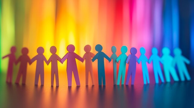 A group of colorful paper people standing in line with their backs to each other, symbolizing diversity and unity.