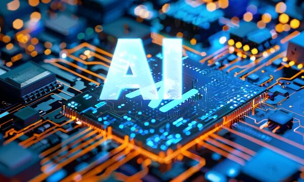 powerful computer processor microchip with the word representing artificial intelligence, AI technology