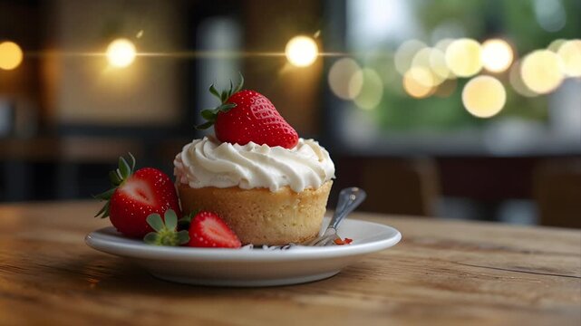 strawberry cheese cake on a table in a cafe with bokeh effect. Seamless 4K looping timelapse video animation background