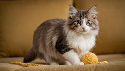 A beautiful American Curl cat rests on a rug with a yellow ball of yarn, its attentive gaze capturing the perfect blend of playfulness and calm in a warm, cozy home