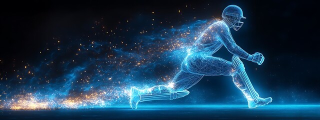 Digital blue low poly cricket player with glowing data streams AI in sports analytics, player performance tracking systems, match prediction algorithms, and training programs. wireframe player design