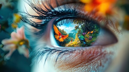 Enchanting Eye Art: A Mystical Forest Reflection with Colorful Birds and Flowers – Perfect as a Poster for Sporty Interiors, Adding Nature's Beauty to Your Space!