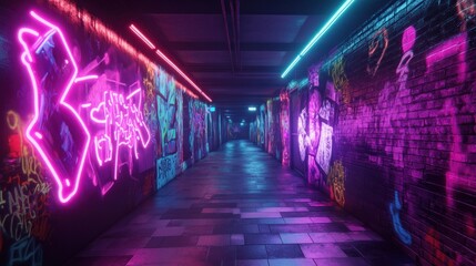 Fototapeta premium Street alley with neon reflected light in cyberpunk city night glowing metropolis background wallpaper ai generated image