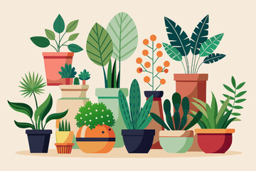 Set of decorative houseplants to decorate the interior of a house or apartment. Collection of various plants in pots
