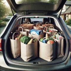 Baule di un auto aperto che contiene molte sporte della spesa fatta al rientro delle vacanze estive