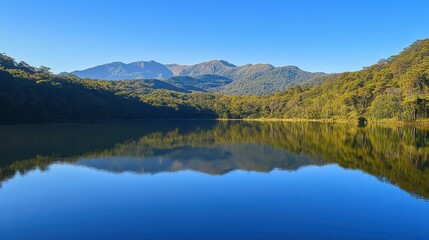 Morning light reflects off a still lake framed by green mountains and clear blue skies
