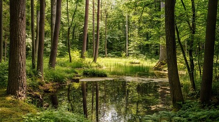 Obraz premium Secluded Forest Glade with a Crystal-Clear Pond Surrounded by Towering Trees and Thick Underbrush. AI generated illustration