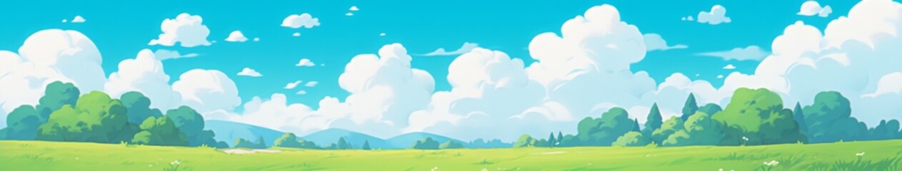 Summer Fields and Mountain Vistas: A Lush Green Landscape Under Blue Skies and White Clouds in a Flat Design Cartoon Style, storybook illustrations, comic strips, book illustrations and picture books