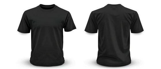 Black T-shirt template mockup, front and back view, isolated on a white background. 