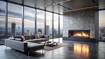 Sophisticated minimalist living room featuring a sleek black linear fireplace, polished concrete floors, and a dramatic floor-to-ceiling cityscape view