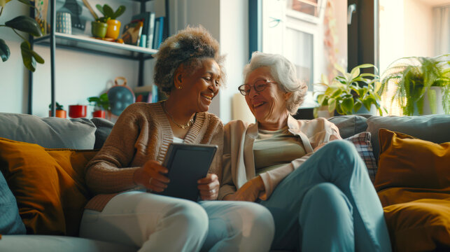 Two old interracial women are sitting on the couch, one of them has a tablet in her hands. Two elderly lesbian girlfriends are relaxing at home in the living room - Powered by Adobe