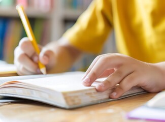 A child's hands are poised over a notebook, eagerly learning lessons. The focus on their writing highlights the excitement of discovery and education.