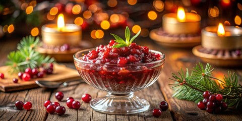 sparkling cranberry orange relish in a decorative glass bowl on a rustic wooden table with soft candlelight and blurred background of joyful party atmosphere