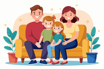 Happy family sitting on sofa over isolated background. Mom, dad, son and daughter are smiling while sitting on the couch. Concept of happiness and love, home comfort
