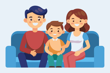 Happy family sitting on sofa over isolated background. Mom, dad, son and daughter are smiling while sitting on the couch. Concept of happiness and love, home comfort
