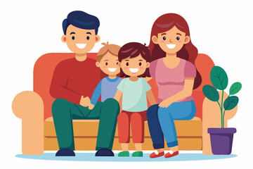 Happy family sitting on sofa over isolated background. Mom, dad, son and daughter are smiling while sitting on the couch. Concept of happiness and love, home comfort
